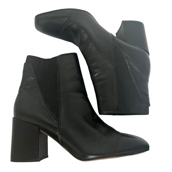 Franco Sarto Black Leather Ankle Boots Size 11 Block Heel Chelsea Boots Slip On - Picture 2 of 14
